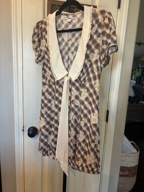 Kimchi Blue Brown Plaid Dress with Yellow Floral Accents